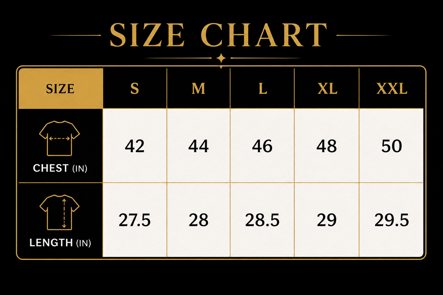 SENSUS size chart showing chest and length measurements for S, M, L, XL, and XXL